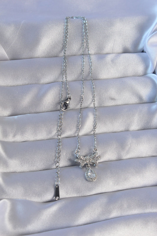 316L Steel Chain Silver Color Zircon Stone Drop Detail Bow Model Necklace
