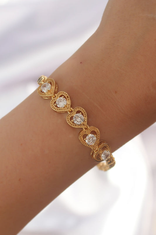 Brass Gold Color Zircon Stone Heart Figured Bracelet