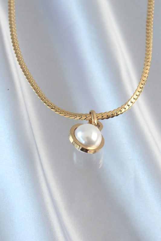 316L Steel Gold Color Flat Chain Pearl Stone Necklace