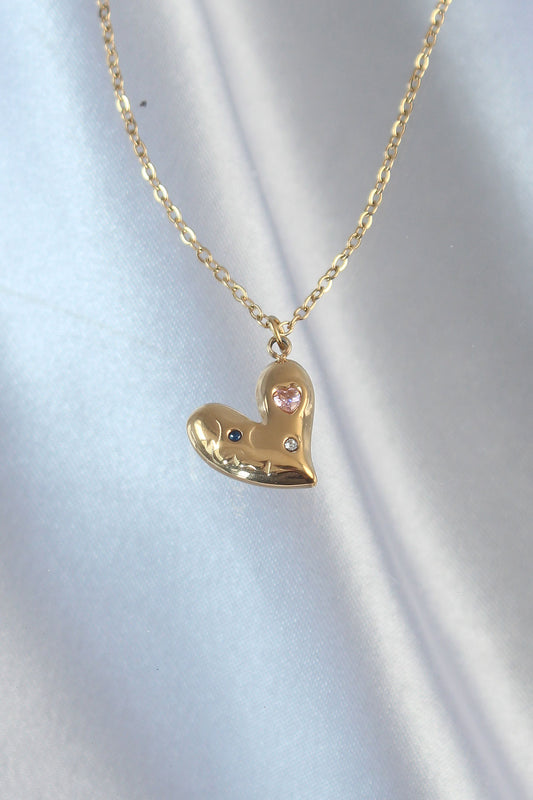316L Steel Chain Gold Color Colorful Zircon Stone Heart Necklace