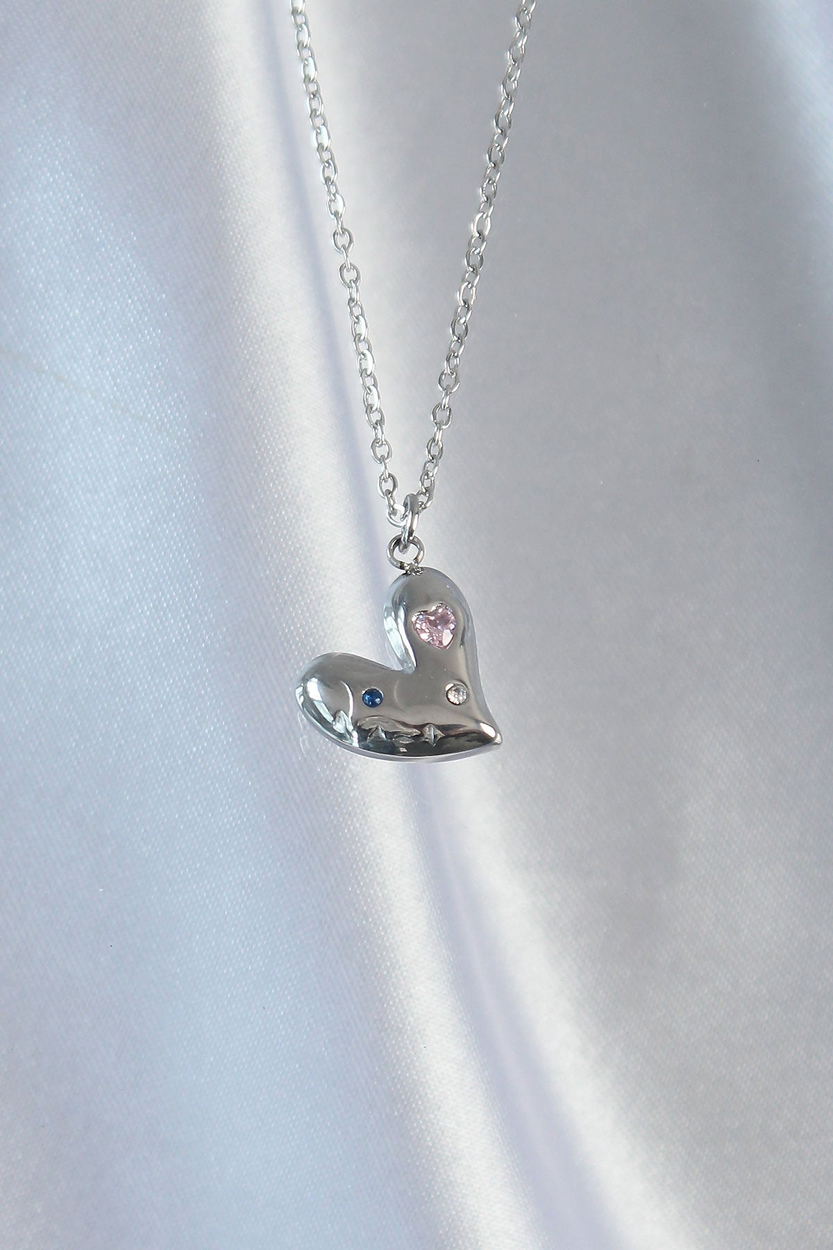 316L Steel Chain Silver Color Colorful Zircon Stone Heart Necklace