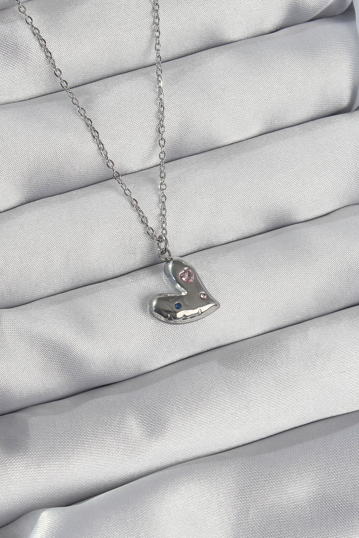 316L Steel Chain Silver Color Colorful Zircon Stone Heart Necklace