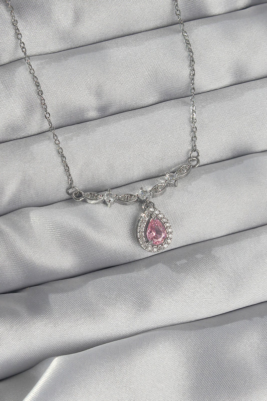 316L Steel Silver Color Pink Zircon Stone Drop Necklace
