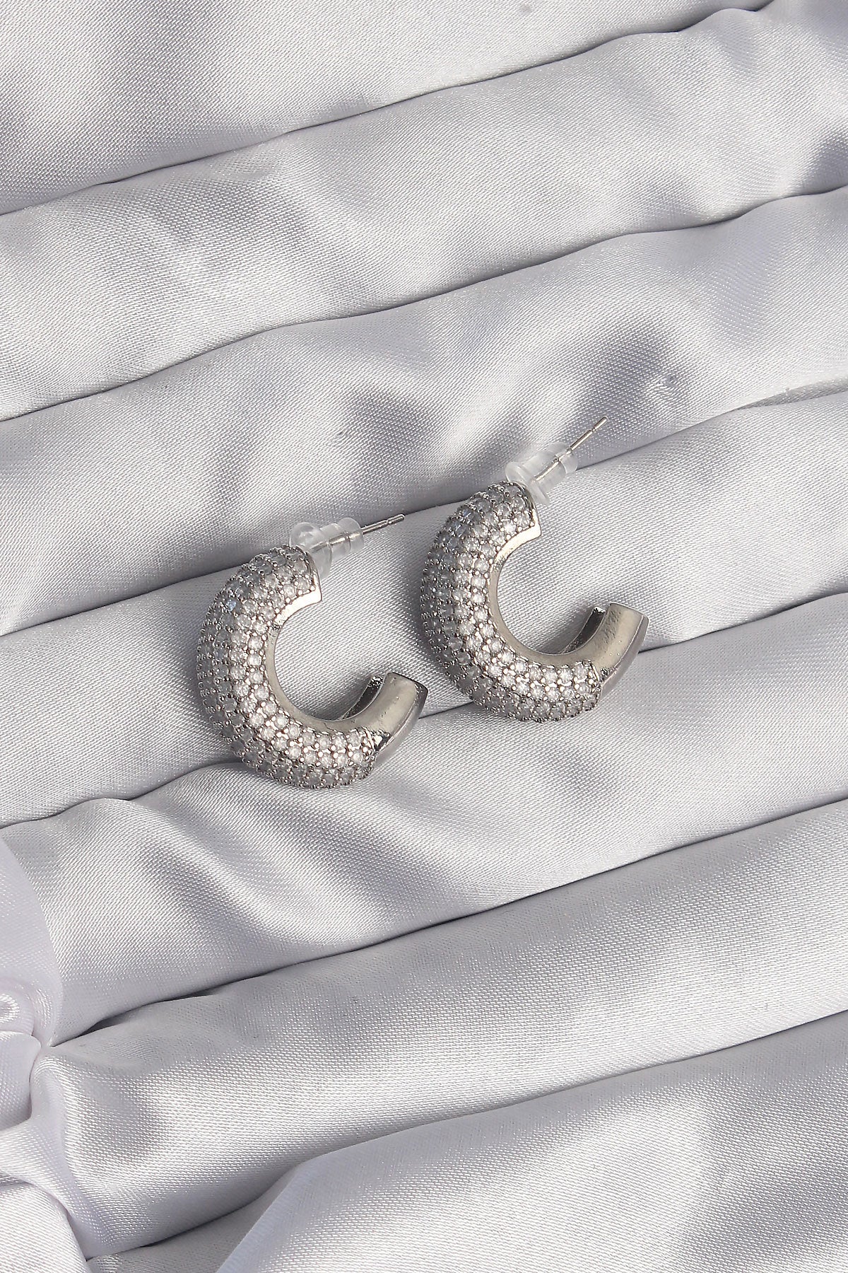 Brass Silver Color Zircon Stone Half Hoop Earrings