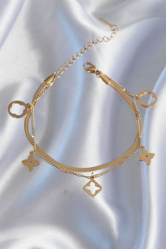 316L Steel Gold Color Double Chain Clover Design Bracelet