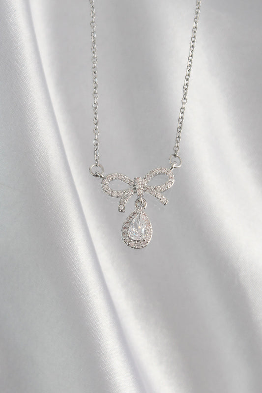 316L Steel Silver Color Zircon Stone Bow Detail Drop Necklace