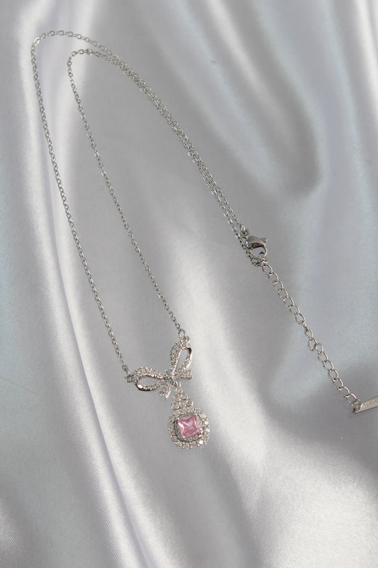 316L Steel Silver Color Bow Detail Pink Zircon Stone Solitaire Necklace