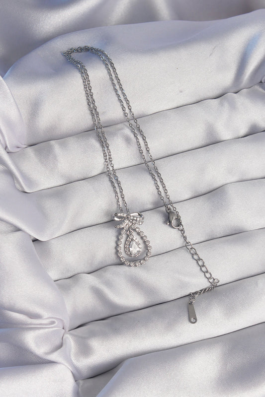 316L Steel Silver Color Bow Detailed Zircon Stone Drop Model Necklace