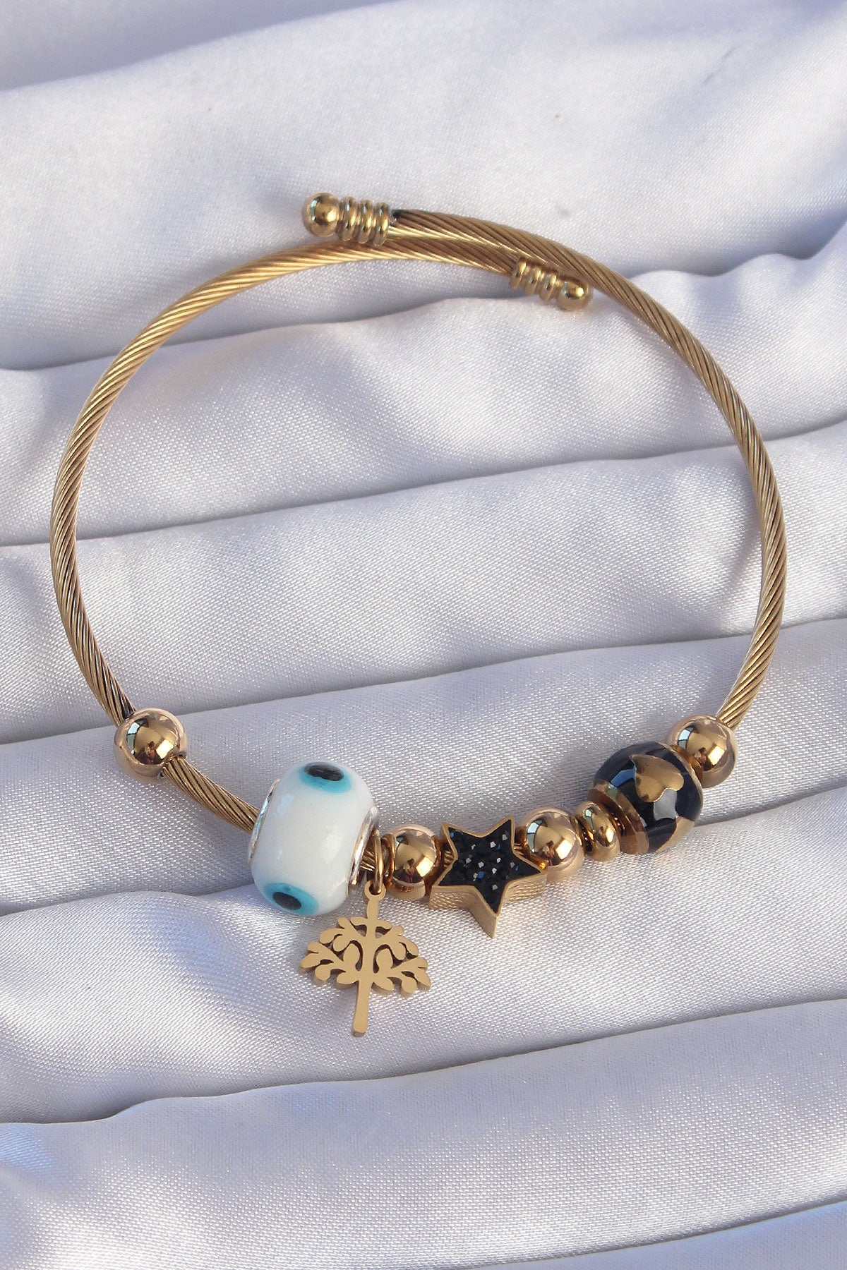 316L Steel Gold Color Black Zircon Stone Star Design Tree Detail Evil Eye Charm Bracelet