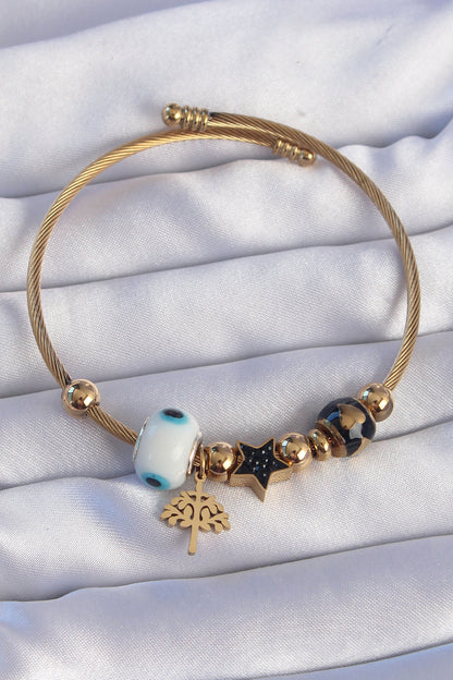 316L Steel Gold Color Black Zircon Stone Star Design Tree Detail Evil Eye Charm Bracelet