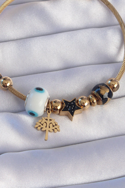 316L Steel Gold Color Black Zircon Stone Star Design Tree Detail Evil Eye Charm Bracelet