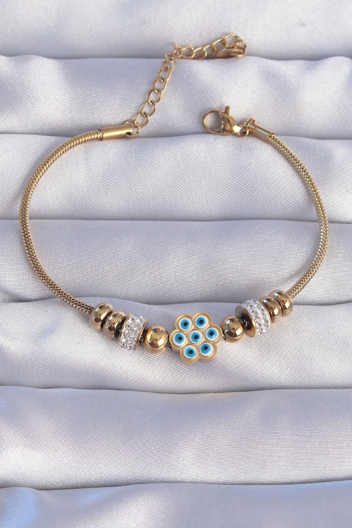 316L Steel Gold Color Zircon Stone Evil Eye Flower Design Bracelet