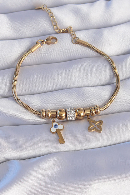 316L Steel Gold Color Zircon Stone Clover Detail Evil Eye Key Design Bracelet