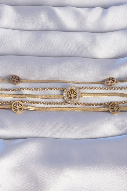 316L Çelik Gold Renk İtalyan Zincir Detaylı Zirkon Taşlı Yaşam Ağacı Tasarımlı Çoklu Bileklik