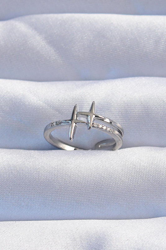 Brass Silver Color Zircon Stone 2-Piece Adjustable Star Model Ring