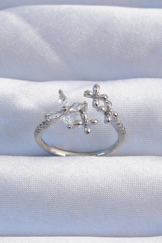 Brass Silver Color Zircon Stone Flower Model Adjustable Ring