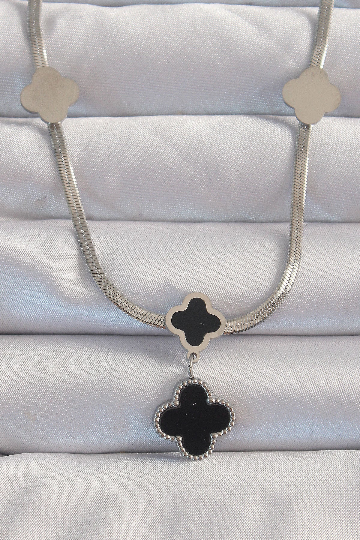 316L Steel Silver Color Italian Chain Enamel Clover Necklace