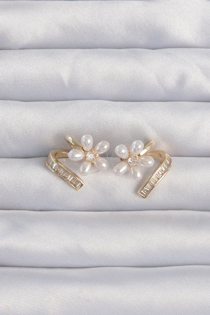 Brass Gold Color Zirconia Stone Twisted Pearl Flower Earrings