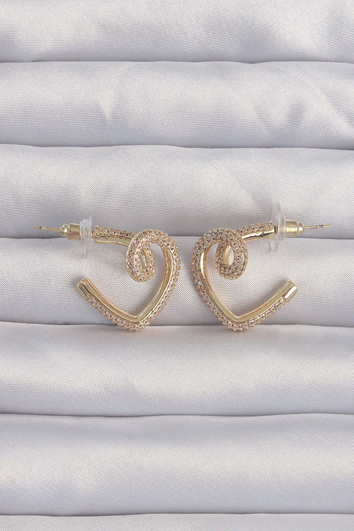 Brass Gold Color Zircon Stone Curved Half Heart Earrings
