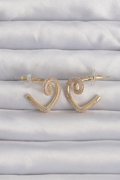 Brass Gold Color Zircon Stone Curved Half Heart Earrings