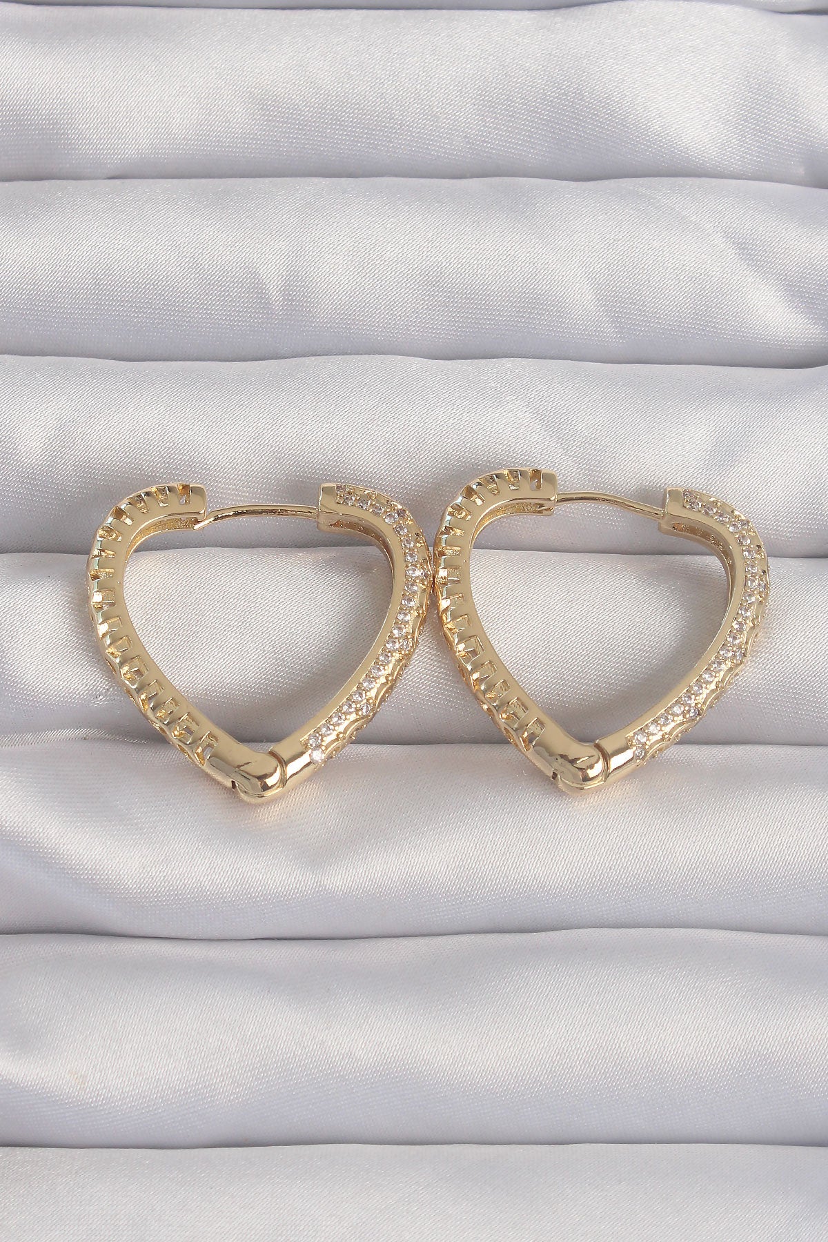 Brass Gold Color Zircon Stone Motif Heart Earrings