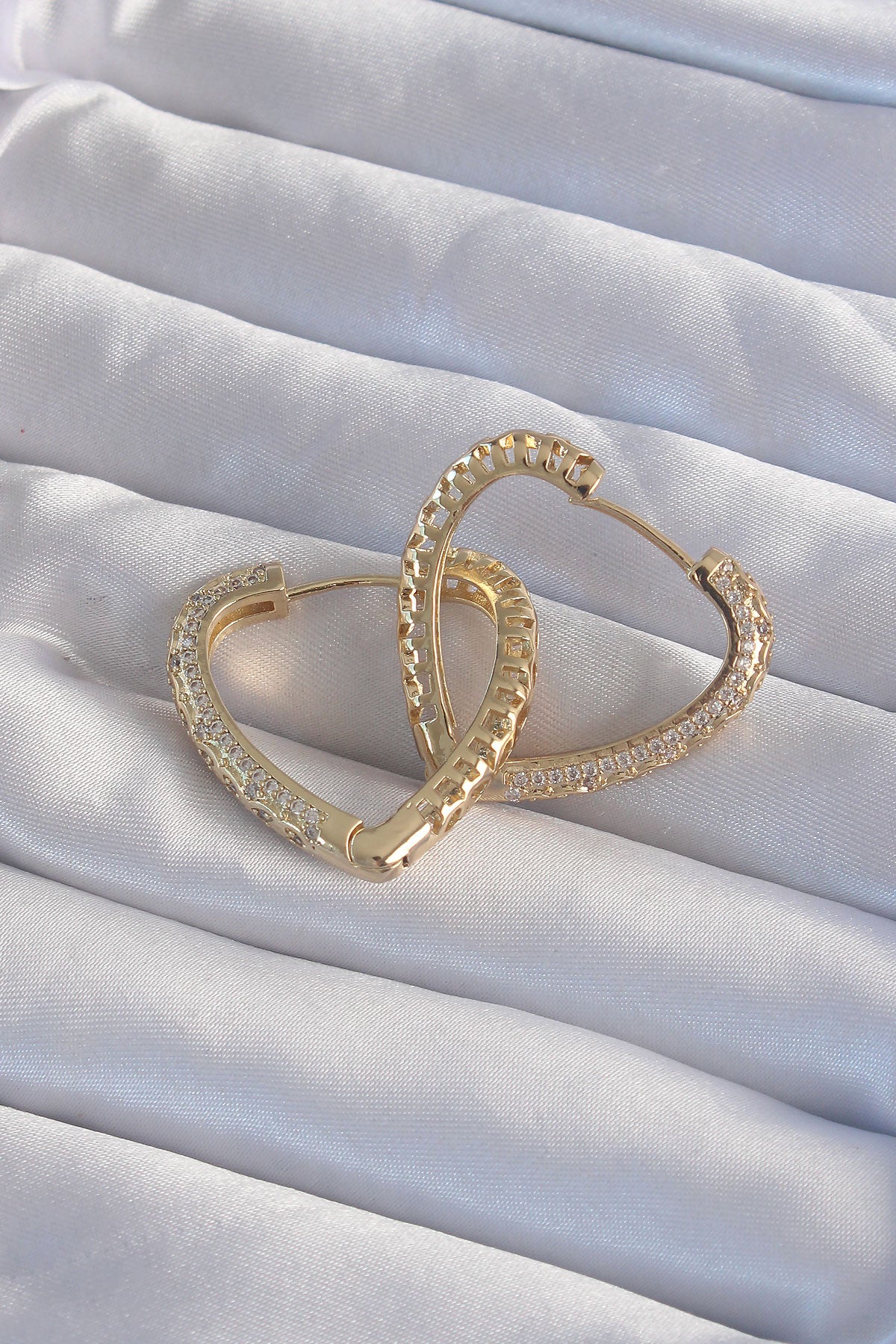 Brass Gold Color Zircon Stone Motif Heart Earrings