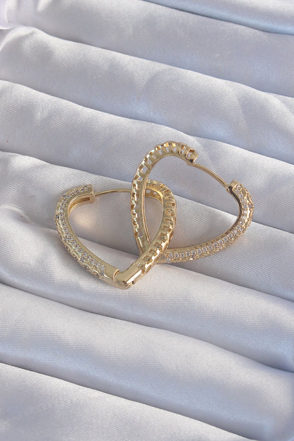 Brass Gold Color Zircon Stone Motif Heart Earrings