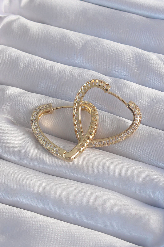 Brass Gold Color Zircon Stone Motif Heart Earrings