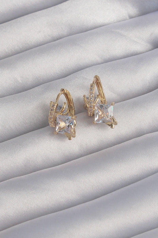 Brass Gold Color Large Zircon Stone Curved Minimal Butterfly Hoop Earrings