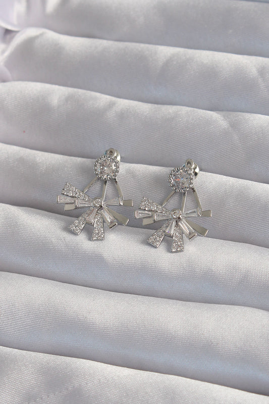 Brass Silver Color Zircon Stone Flat Bow Model Earrings