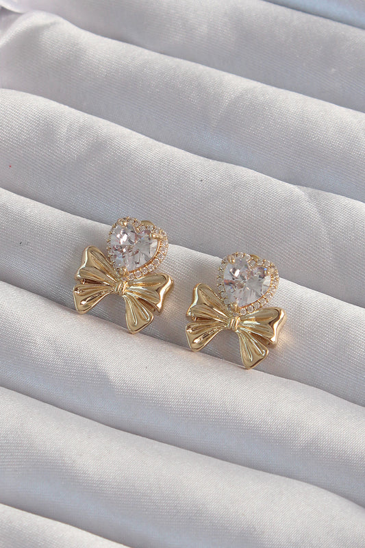 Brass Gold Color Zircon Stone Heart Model Bow Earring