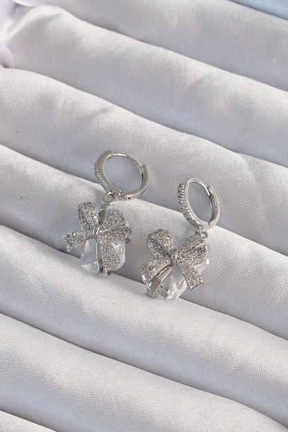 Brass Silver Color Large Zircon Stone Bow Model Hoop Earrings