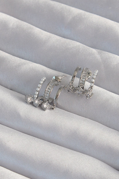 Brass Silver Color Pearl Multi Zircon Stone Half Hoop Earrings
