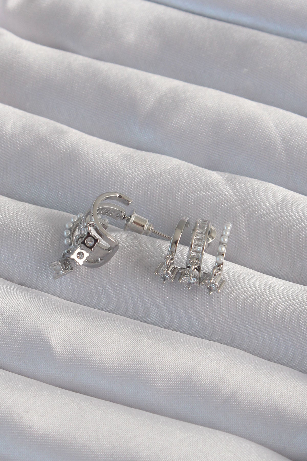 Brass Silver Color Pearl Multi Zircon Stone Half Hoop Earrings