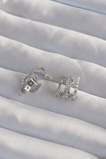 Brass Silver Color Pearl Multi Zircon Stone Half Hoop Earrings