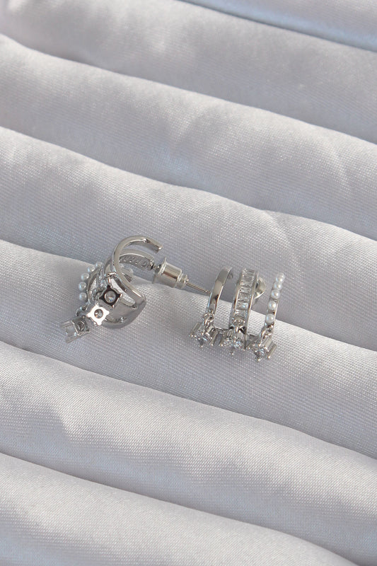 Brass Silver Color Pearl Multi Zircon Stone Half Hoop Earrings