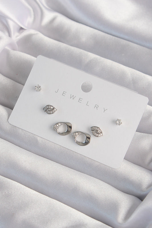 Brass Silver Color Zircon Stone Leaf Model Earring Set