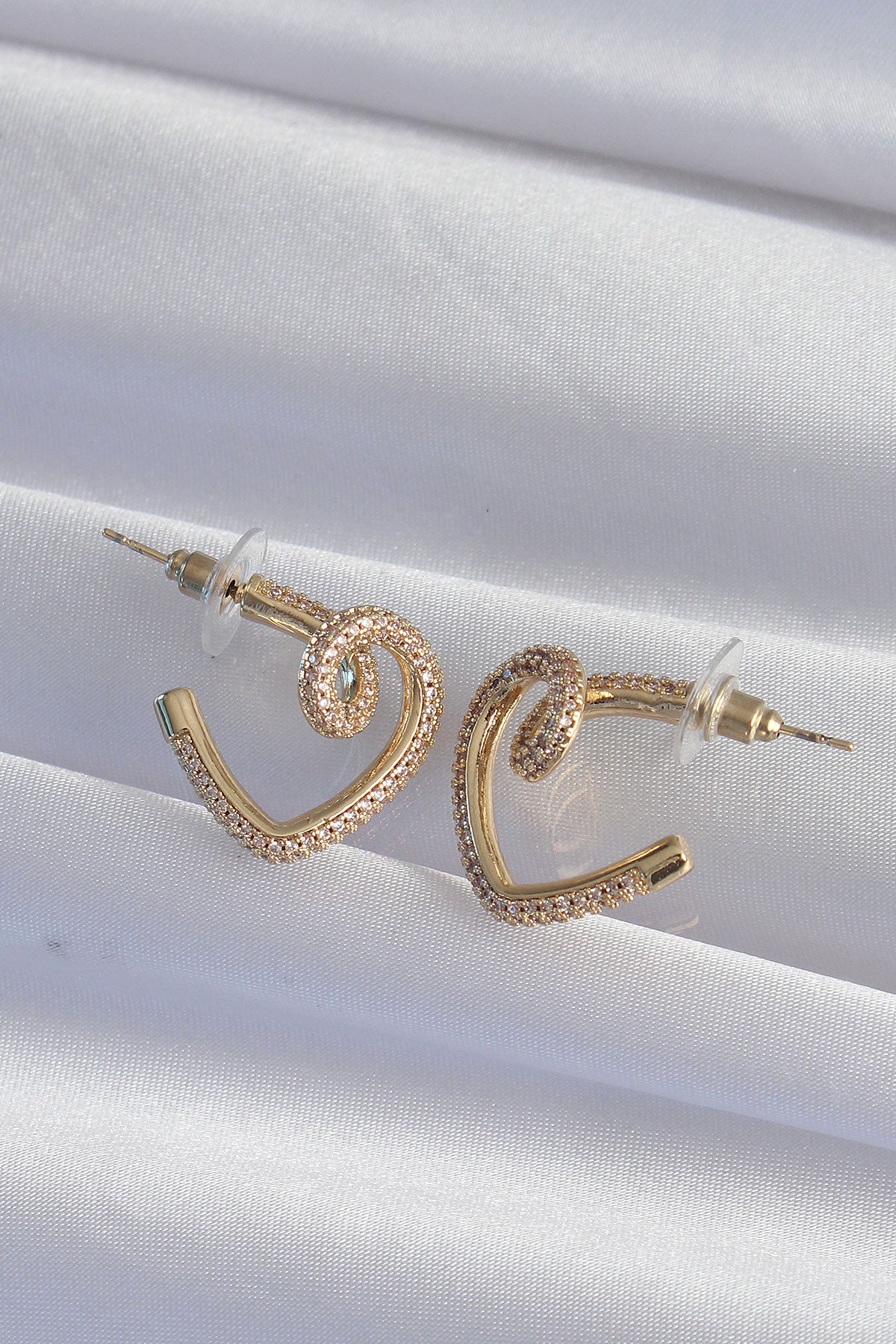Brass Gold Color Zircon Stone Curved Half Heart Earrings