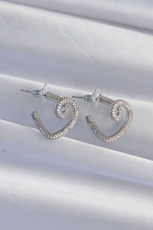 Brass Silver Color Zircon Stone Curved Half Heart Earrings