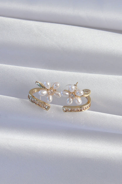 Brass Gold Color Zirconia Stone Twisted Pearl Flower Earrings