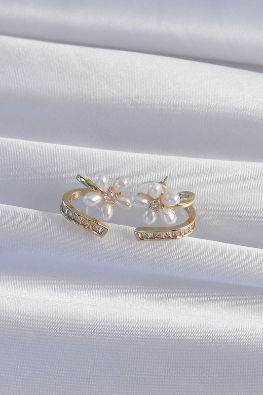 Brass Gold Color Zirconia Stone Twisted Pearl Flower Earrings