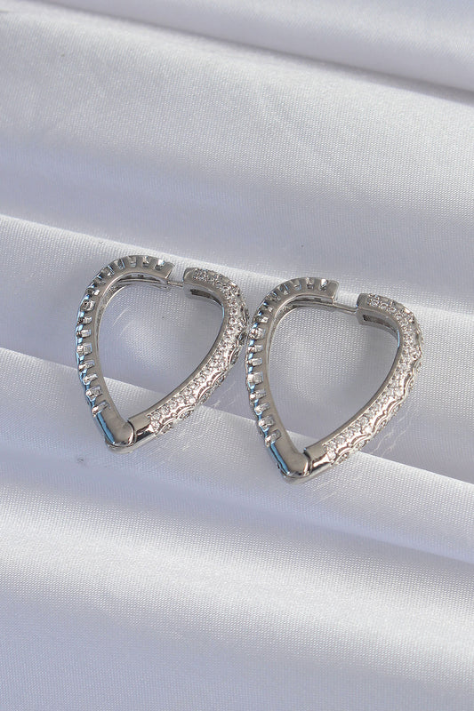 Brass Silver Color Zircon Stone Motif Heart Earrings