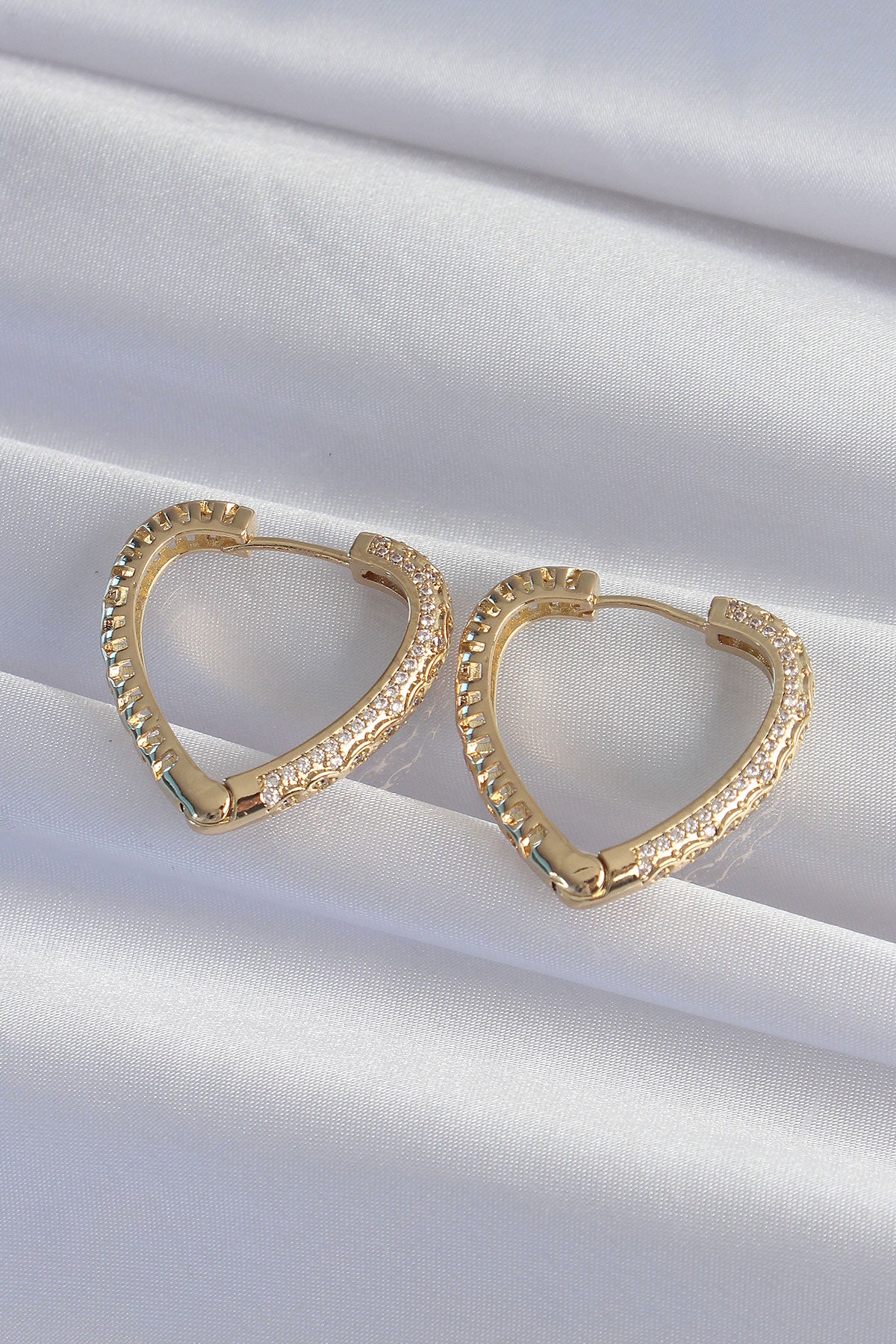 Brass Gold Color Zircon Stone Motif Heart Earrings