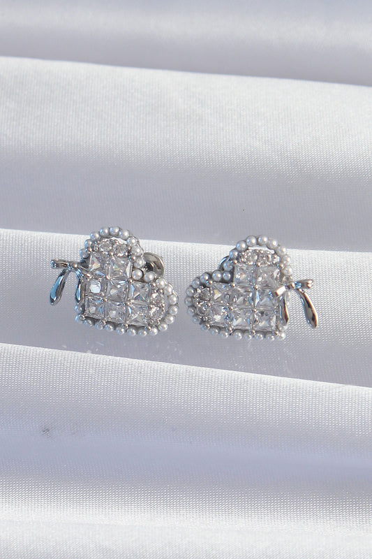 Brass Silver Color Bow Detail Pearl Zircon Stone Heart Earrings