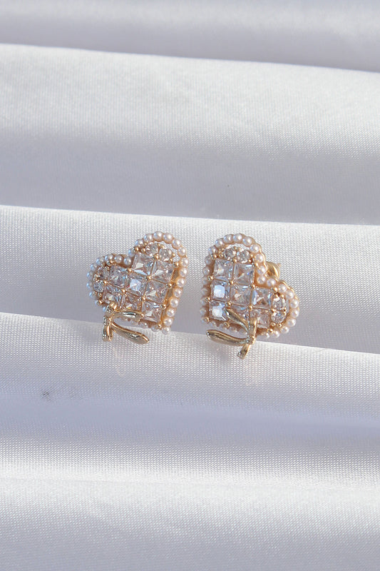 Brass Gold Color Bow Detail Pearl Zircon Stone Heart Earrings