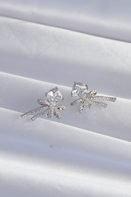 Brass Silver Color Square Zircon Stone Bow Earring