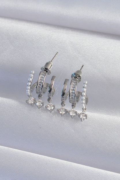 Brass Silver Color Pearl Multi Zircon Stone Half Hoop Earrings