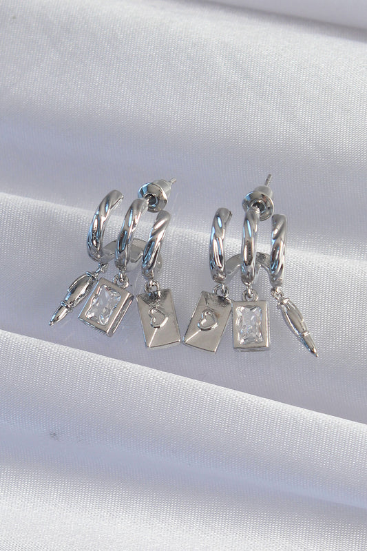 Brass Silver Color Zircon Stone Multi-Accessory Half Hoop Rib Earrings