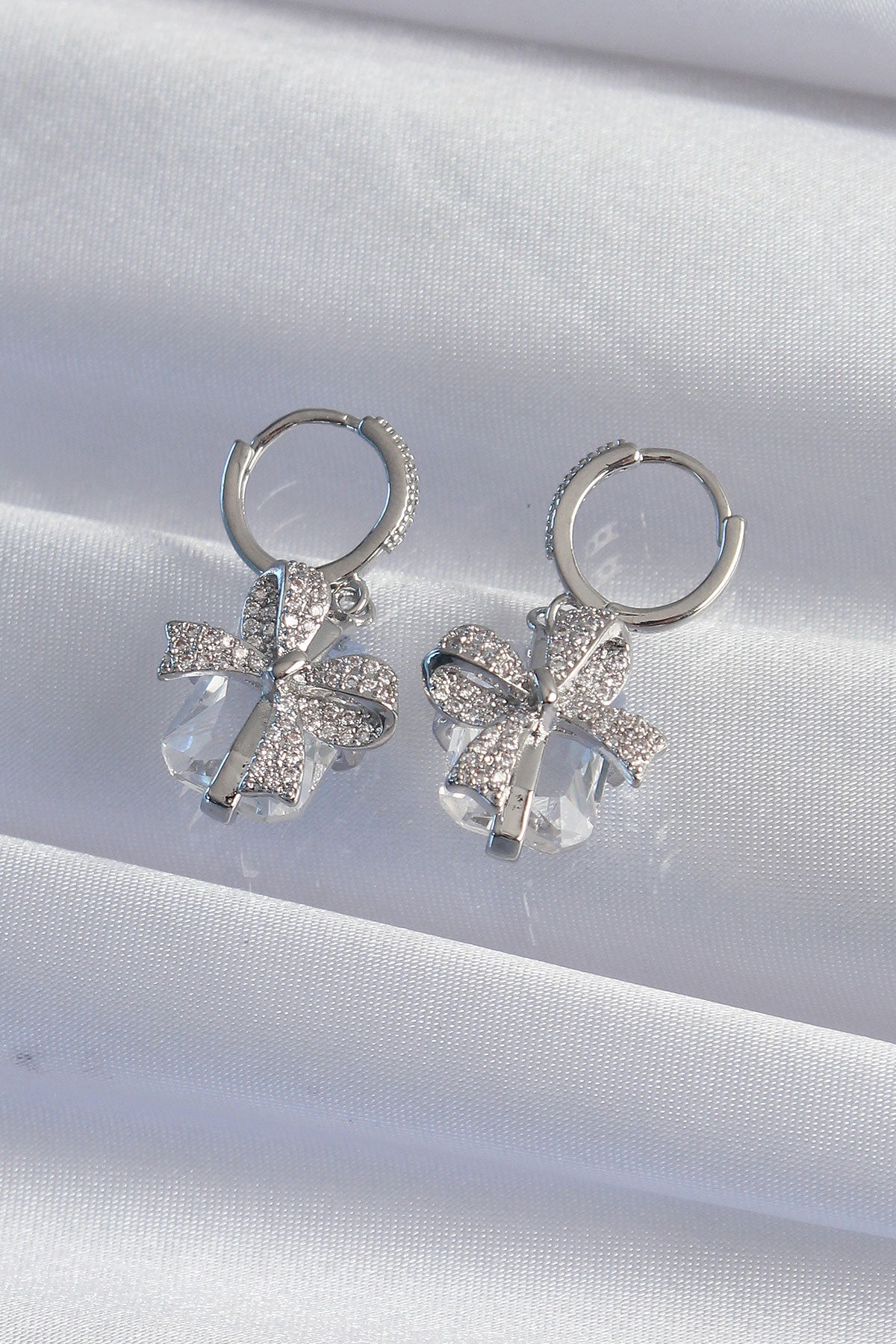 Brass Silver Color Large Zircon Stone Bow Model Hoop Earrings