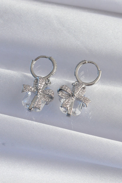 Brass Silver Color Large Zircon Stone Bow Model Hoop Earrings